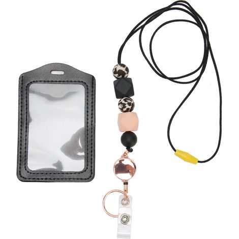 Porte-badge rétractable en silicone rose chair avec porte-carte transparent, cordon à perles polyvalent pour étudiants et employés de bureau. (1/5)