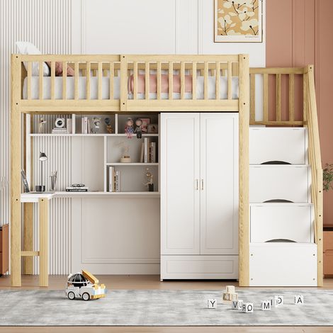 Letto a soppalco 90x200 cm in legno naturale con contenitore, senza materasso - MEUBLIV (1/5)