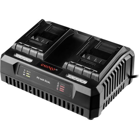 Caricabatterie doppio Dnipro-M FC-440 da 40 V, 4 A per 2 batterie, con raffreddamento attivo e indicatore di carica. (1/3)