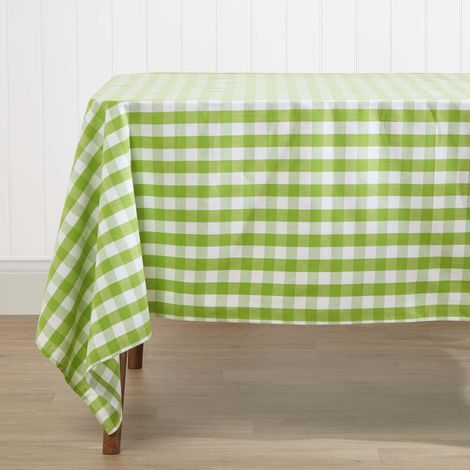 HOMESCAPES Green Block Check Cotton Gingham Tablecloth, 137 x 228 cm