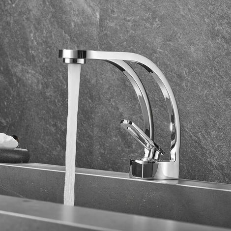 Rubinetto per bagno dal design creativo moderno FOREHILL, miscelatore per lavabo nero, rubinetto per lavabo monoforo, ottone (grigio fumé) (1/5)