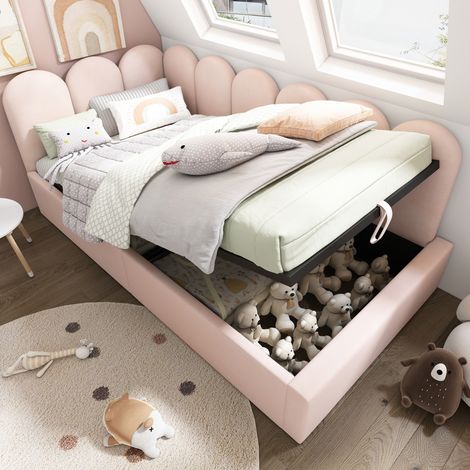 Letto daybed imbottito 90x190 cm stile giocoso, velluto rosa, con testiera, contenitore idraulico e rete in metallo (1/5)