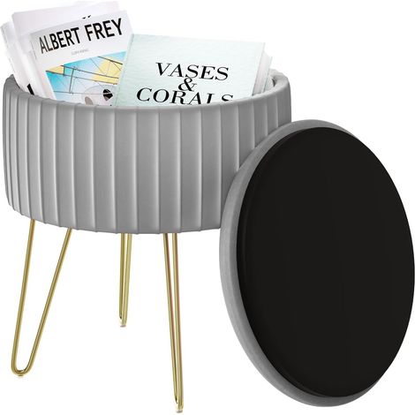 WOLTU Round Velvet Ottoman Footrest Stools Compact Vanity Seat W/Storage and Lid φ31.5xH37,5cm, Light Grey
