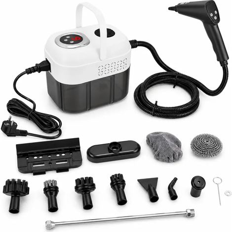 Nettoyeur vapeur portable à main 1500 W, pression 4,5 bars, chauffage rapide 15s, réservoir 1700 ml, 6 modes vapeur, 14 accessoires, tuyau 2 m, blanc, pour cuisine sol fenêtre barbecue (1/5)