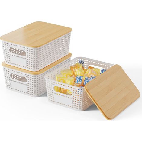 Lot de 3 Boîte de rangement avec Couvercle en Bambou, Plastique PP, Empilable, pour Cuisine et Salle de bain (1/5)