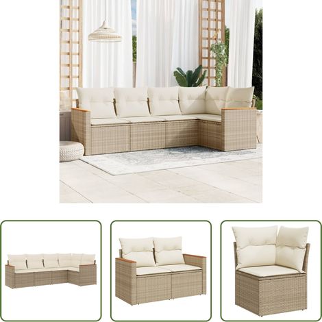 Terrassensofa - 5-tlg. Garten-Sofagarnitur mit Kissen Beige Poly Rattan (1/5)