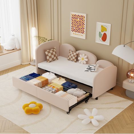 Kinderbett Tagesbett Blumenform 90x200 cm mit Schublade, Samt Rosa, Eisenrahmen, Sicherheitsrand (1/5)