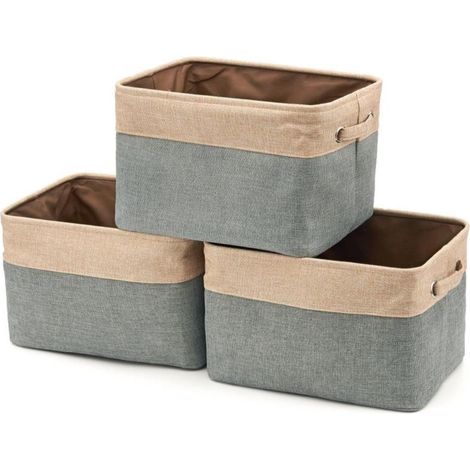 Boîte de Rangement Pliable en Coton de Jute avec Poignée, Panier à Linge, Meuble de Rangement pour Armoire, Dressing, Penderie – Lot de 3, Gris et Beige (1/5)