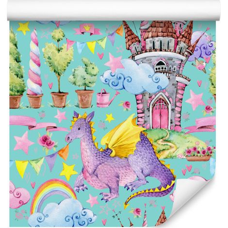 Papier peint féerique avec dragons, fleurs et arcs-en-ciel pour salon et chambre 50x1000 cm (1/5)