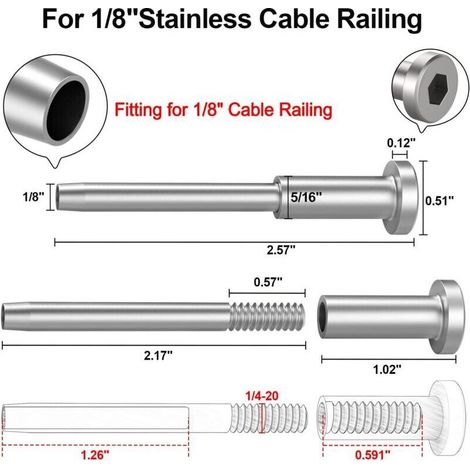 Kit di 10 cavi invisibili, ricevitore invisibile in acciaio inox T316 da 1/8" e terminale a perno per cavo, tenditore da 1/8" per palo in legno/metallo, accessori per cavi. (1/4)