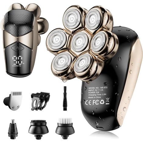 Rasoirs électriques pour homme : rasoir électrique étanche IPX7 pour homme chauve - Rasoir rotatif 7D avec écran LED - Ensemble de rasage rechargeable USB C 5 en 1 (1/5)