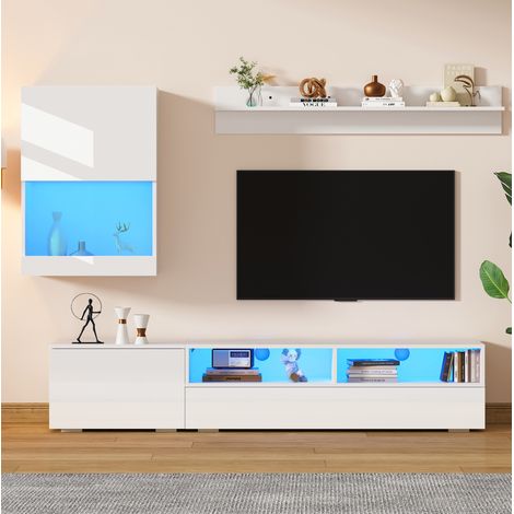 TV Wohnwand Set (175 x 39 x 34 cm), mit LED, Hochglanzfronten, Spanplatte, Weiß (1/5)