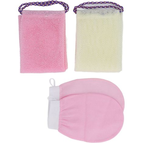 Gant de Douche et Éponge Filet Nylon Exfoliante avec 2 Straps, Lot de 2 Éponges et 2 Gants de Brossage Rose Beige pour une Peau Douce (1/5)