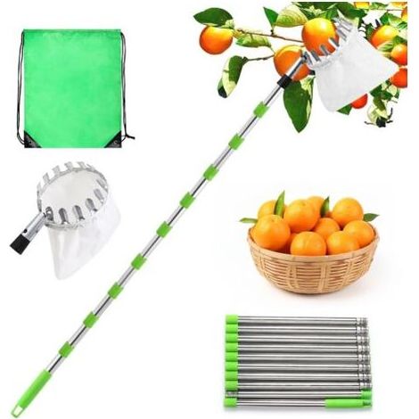 Perche Telescopique 4.2m pour Cueillir Les Fruits, avec Sac de Rangement, en Acier Inoxydable Réglable pour Ramasser Cerises, Pommes, Noix, Olives et Prunes (1/5)