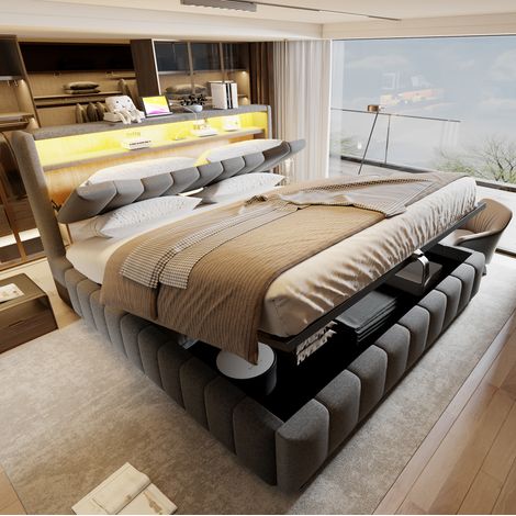 Letto matrimoniale 180x200 cm grigio in tessuto di lino con contenitore idraulico, LED e porte USB (1/5)