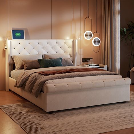 BLANKETSWARM - Lit coffre 140 x 190 cm, Lit double adulte avec ports USB – lit deux place– Lampe de chevet – Beige (1/5)
