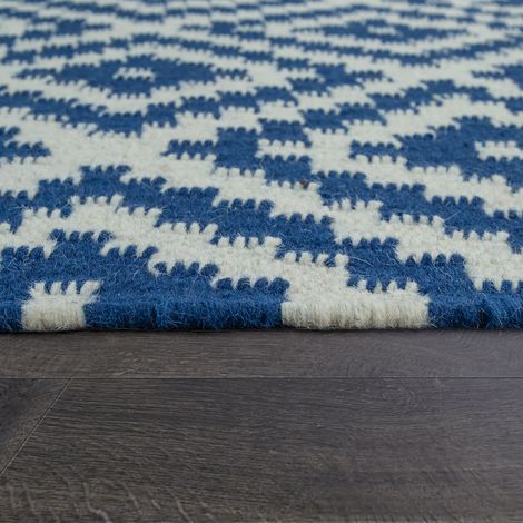 Paco Home Teppich Modern Marokkanische Muster Handgewebt Skandi Rauten Fransen Blau Weiß 240x340 cm