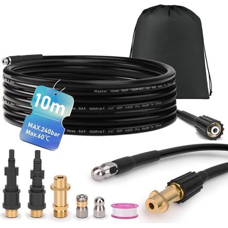 Set Tuyau Nettoyage 10m 240 Bar Avec 3 Adaptateurs Buses Fixes Rotatives Pour K2-K7 Lavor Bosch (1/5)