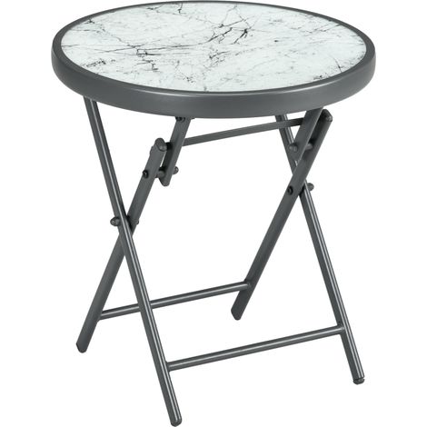 Table d'appoint pliante en verre aspect marbre, petite table de camping, table ronde pour canapé, table de balcon, terrasse, salon, bureau, 45 x 45 x 50 cm, blanche