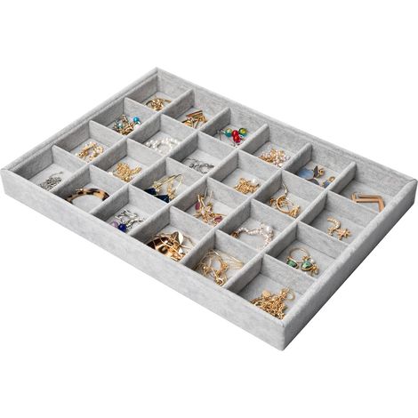 24 Grilles Plateau Bijoux Velours pour Tiroirs, Empilable Rangement Organiseur Bijoux, Amovibles Vitrine Bijoux Présentoir Bijoux Plateau pour Bague Bracelet Boucle d'Oreille Collier, 35x24x3cm (Gris)