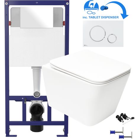 White Square Rimless Wall Hung Toilet & 1.12m Concealed WC Cistern Frame Set - Matt White Plate