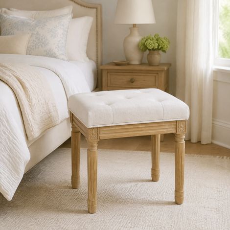 Pouf banc 42x32x46,5 cm en bois et polyester beige, gain de place pour chambre FLORAGRACE (1/5)