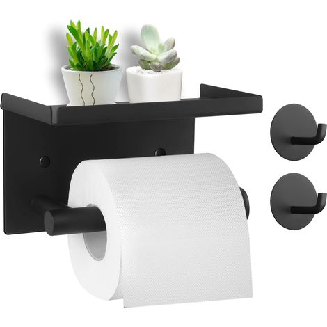 Porte Papier Toilette Mural avec Étagère, Inoxydable avec 2 Crochets, Design Moderne pour Salle de Bain (Noir) (1/5)