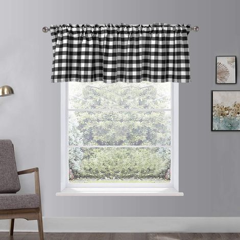 Set of 3 vintage window curtains with valances for kitchen, bathroom, living room (black grid, valance  129.5 x 40.6 cm) (1/5)