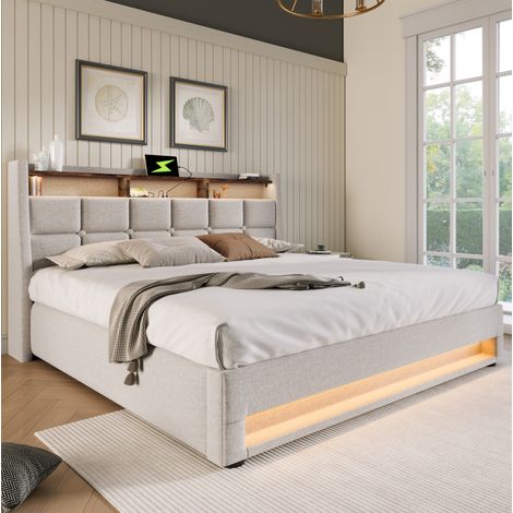 Lit coffre 160x200 LED USB avec matelas beige HAVRYA (1/5)