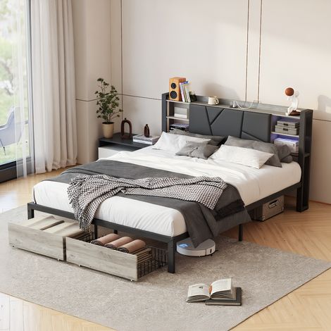 Metallbett Doppelbett 140x200 cm mit LED und USB-Ladefunktion, Modernes Stauraumbett mit 2 Schubladens, Bettgestell mit Kopfteil und Lattenrost, Schwarz