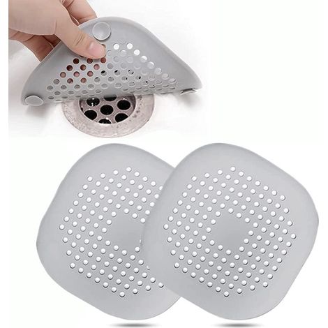 Lot de 2 crépines de douche et baignoire en silicone avec couvercle et récupérateur de cheveux – Convient pour la salle de bain et la cuisine – Gris (1/5)