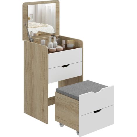 HOMCOM Toeletta con Specchio Ribaltabile, Sgabello e Cassetti, Rovere e Bianco (1/5)