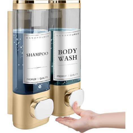 Wandmontierter Seifenspender, Duschgelspender, Doppelspender für Shampoo und Spülung, kein Bohren erforderlich, ABS, für Badezimmer, Küche, Markt, Hotel, Restaurant, 300 ml (Gold) (1/5)