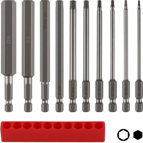 Satz mit 10 x 100 mm langen Sechskantbits mit Bitaufbewahrung, S2-Sechskantschaft H1,5–H12, farbiger Metall-Inbusschlüssel (1/4)