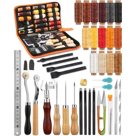 BUTUZE Outils pour le travail du cuir, kit pratique de maroquinerie avec fil ciré, rainuroir, poinconon et emporte-pièce pour la couture, idéal pour débutants et adultes. Cadeau parfait.