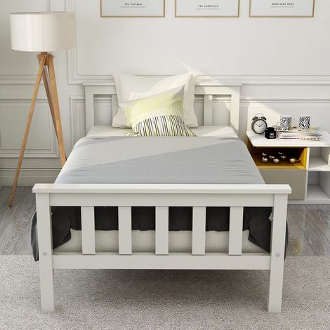 Cama de madera, estructura de cama individual con somier de láminas, cama de madera con cabecero - 90 x 200 cm, madera maciza, cama infantil, cama juvenil, pino blanco macizo (1/5)