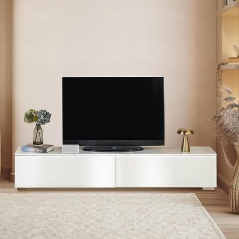 Meuble TV Blanc 180 cm, avec 2 Compartiments de Rangement, avec lumières LED, Meuble TV Suspendu, adapté au Salon, Chambre à Coucher, Style Moderne, Blanc (1/5)