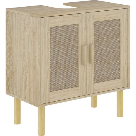 Meuble salle de bain sous lavabo meuble sous lavabo portes en rotin pieds bois de pin 2 niveaux 60 x 30 x 60 cm chêne (1/5)