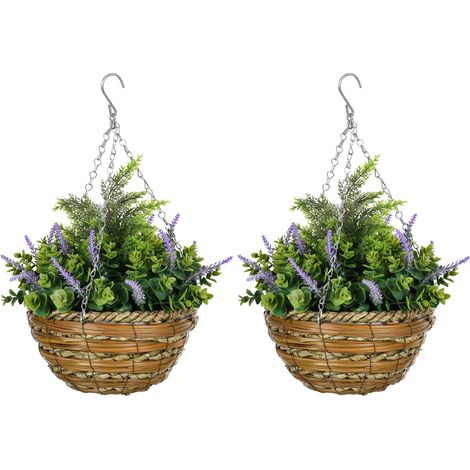 Set 2 Piante Artificiali di Lavanda Ø25x34 cm con Vaso e Gancio in PE e Vimini Verde e Viola (1/5)