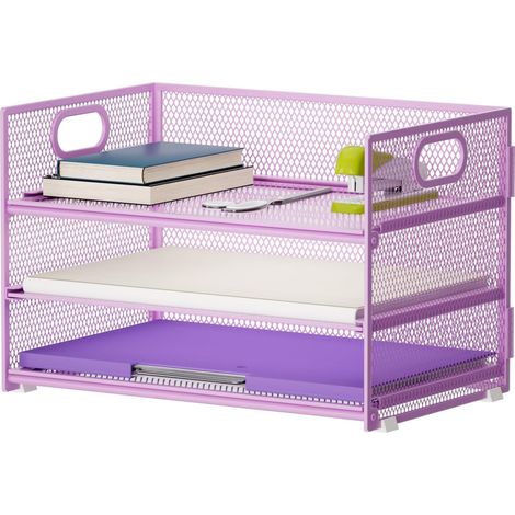 Organiseur de bureau, bac à courrier avec poignée à 3 couches, compartiment de rangement de bureau, accessoires de bureau en maille, porte-revues pour le bureau à domicile (violet) (1/5)
