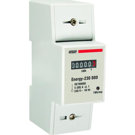 Contatore Energia Elettrica Monofase da Barra DIN 2 Moduli Misuratore Consumo Elettrico Corrente Massima Misurabile 80A Vemer VE799000