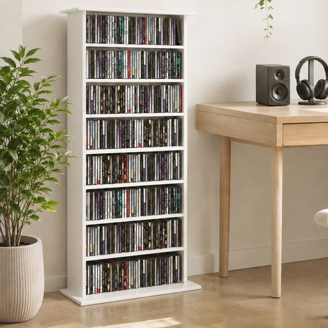 Meuble multimédia étroit, 8 niveaux, 6 étagères réglables, 8 compartiments, pour 360 CD, blanc (1/5)