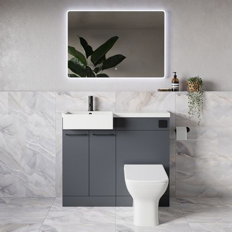 Napoli 250 Gloss Grey 1000mm 2 Door Vanity Unit Toilet Suite with Left Hand Square Rico Semi Recessed Basin - 1000mm - Matt Black 160mm HandleWith Kingston Toilet Pan and Seat