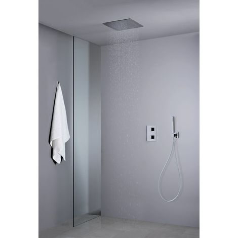 Cristina Ondyna – Pack encastré douche thermostatique plafond carré 44 cm – Acier inox – Fixation directe sur faux plafond – Picots anticalcaires (1/5)