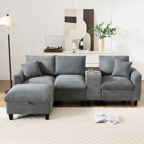 Canapé d'angle en L, équipé de 2 porte-verres, d'un port USB, d'une poche de rangement dans l'accoudoir et de coussins, en velours côtelé, gris (1/5)