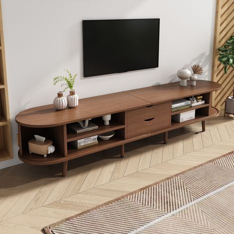 Meuble TV de salon 170 x 40 x 42 cm avec rangement et plateau rond, MDF imitation bois, 2 tiroirs, meuble bas avec portes télescopiques, finition noyer, compatible avec les téléviseurs jusqu'à 75 pouc (1/5)