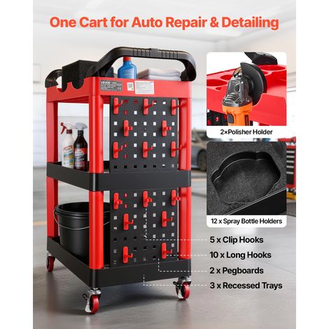 Chariot d'Atelier Max. 136 kg Chariot de Service avec Panneau Perforé, à 3 Niveaux, en PP, pour Garage, Entrepôt et Atelier, 4 Roul… (1/5)