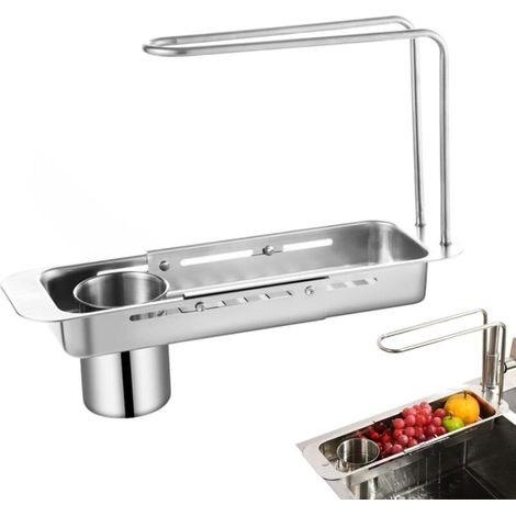 Sink organizer - Stainless steel sliding dish drainer - Multi-compartment cutlery holder - with sponge storage (1/5)