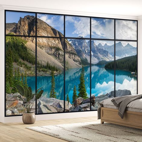 Papier peint panoramique Trompe l'oeil Verrière - Lac et montagnes - 130 cm x 82 cm (1/5)