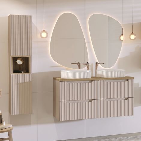 Conjunto de muebles con doble lavabo 120cm 4 cajones y columna Riva Cachemira y Madera (1/4)